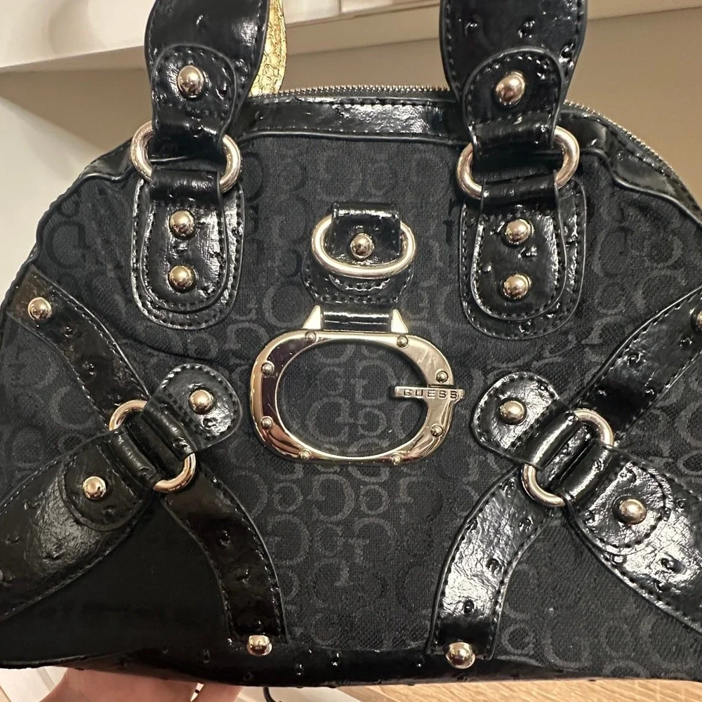 VTG GUESS Y2K Ostrich Print Shoulder Bag Black Patent Leather Indie Sleaze Glam - Picture 3 of 14